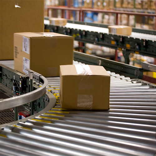 cardboard boxes on a roller conveyor
